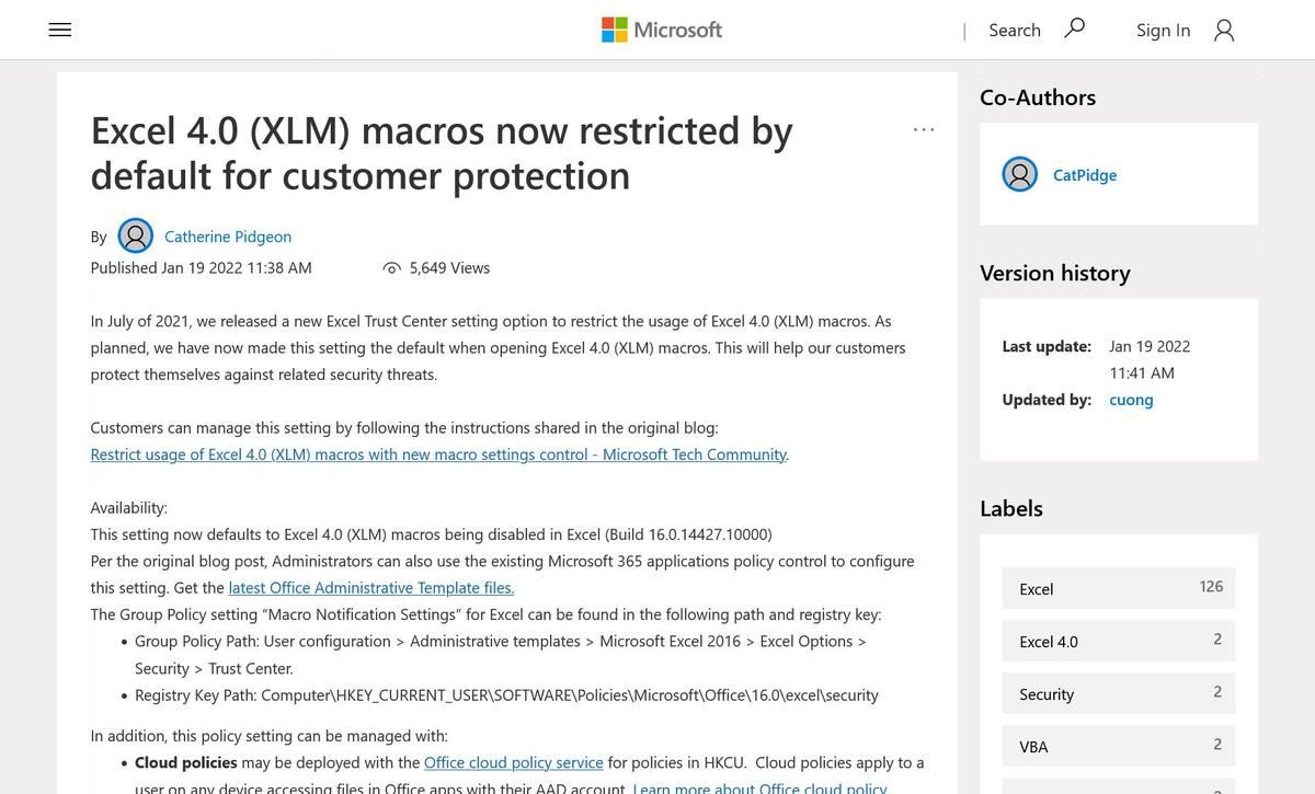 Excel 4.0 (XLM) macros now restricted by default for customer protection - Microsoft Tech Community
