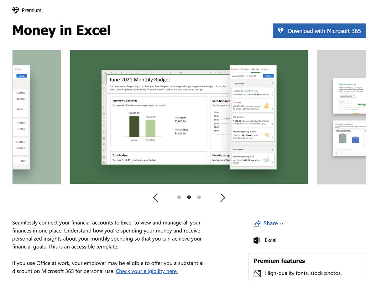 Microsoft 365 カスタムテンプレートのMoney in Excelのページ
